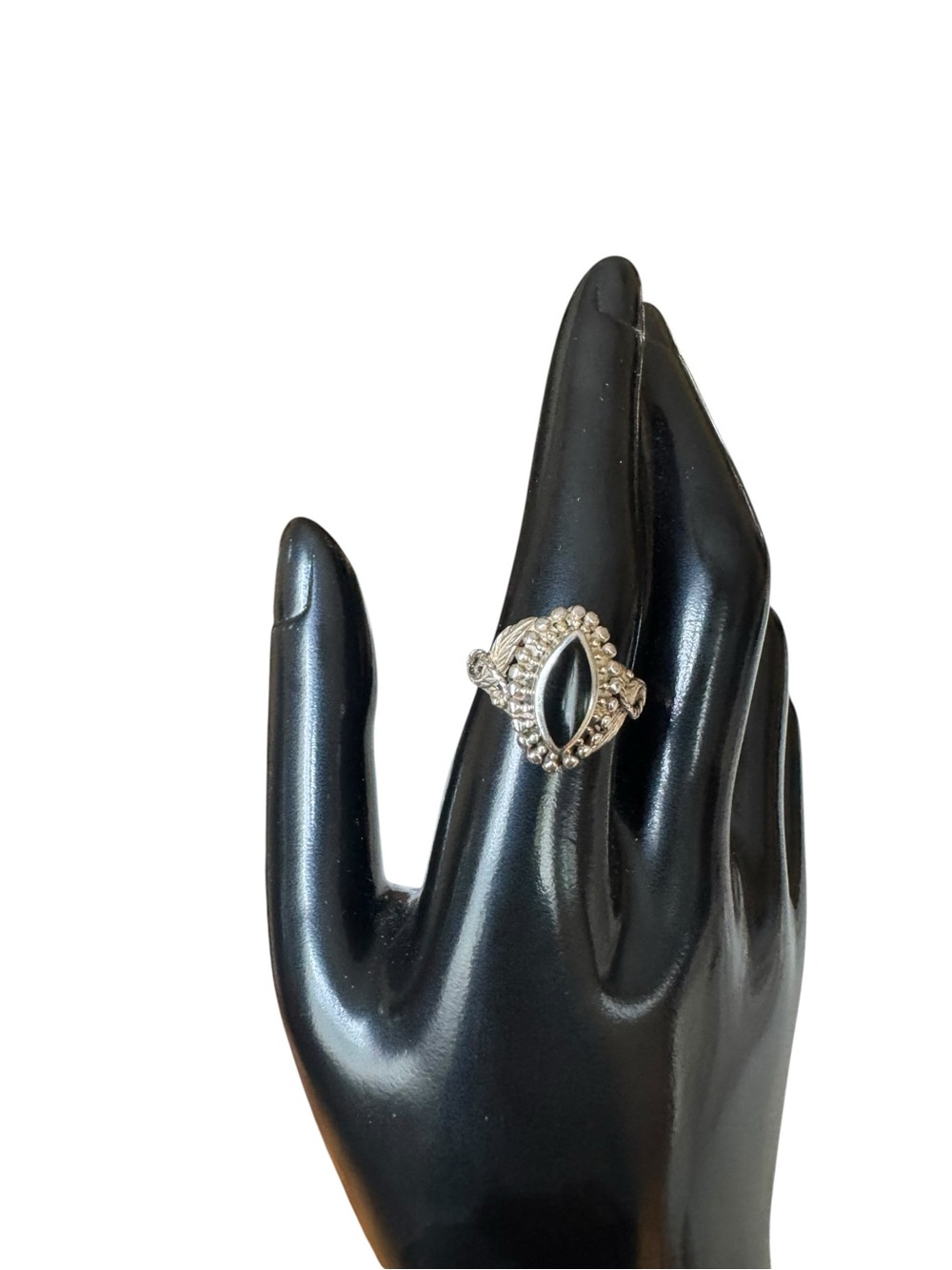 Sterling Silver Marquise Black Stone Ring - Elegant Women's Fashion Jewelry